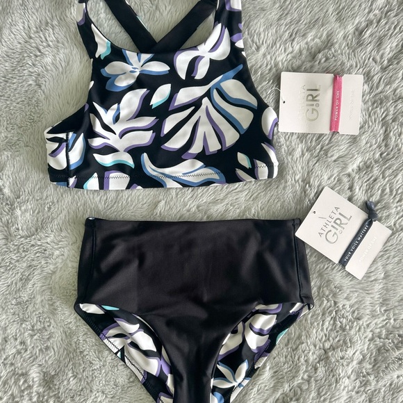 Athleta Girl Black and Purple Leaf Print Bikini Set, Girls’ size 7, NWT - Picture 1 of 5
